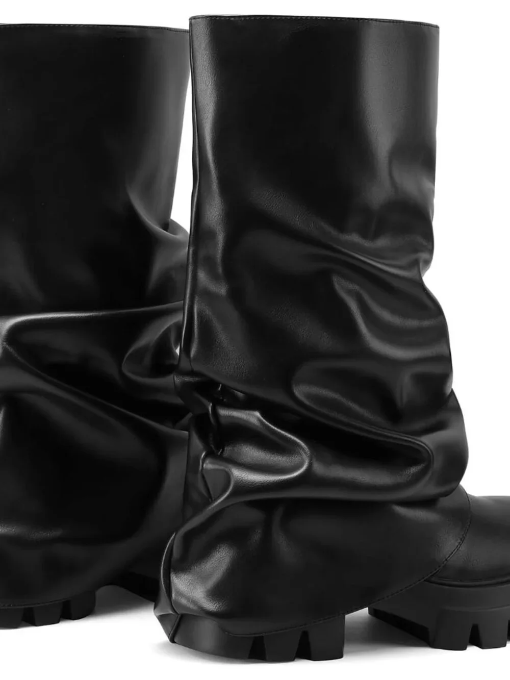 Women's Black Fold Over Boots Slouchy Boots Wide Calf Pleated Platform Boots - Picture 5 of 6